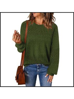 Boho Crochet Long Sleeve Sweater Pullover Crew Neck Loose Fit